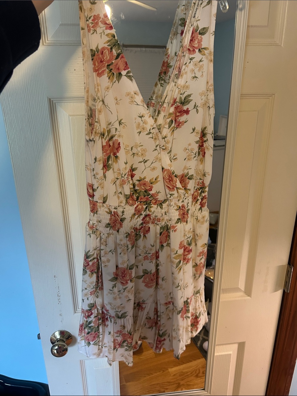 American Eagle Outfitters White Floral Wrap Sundress with Pink Roses